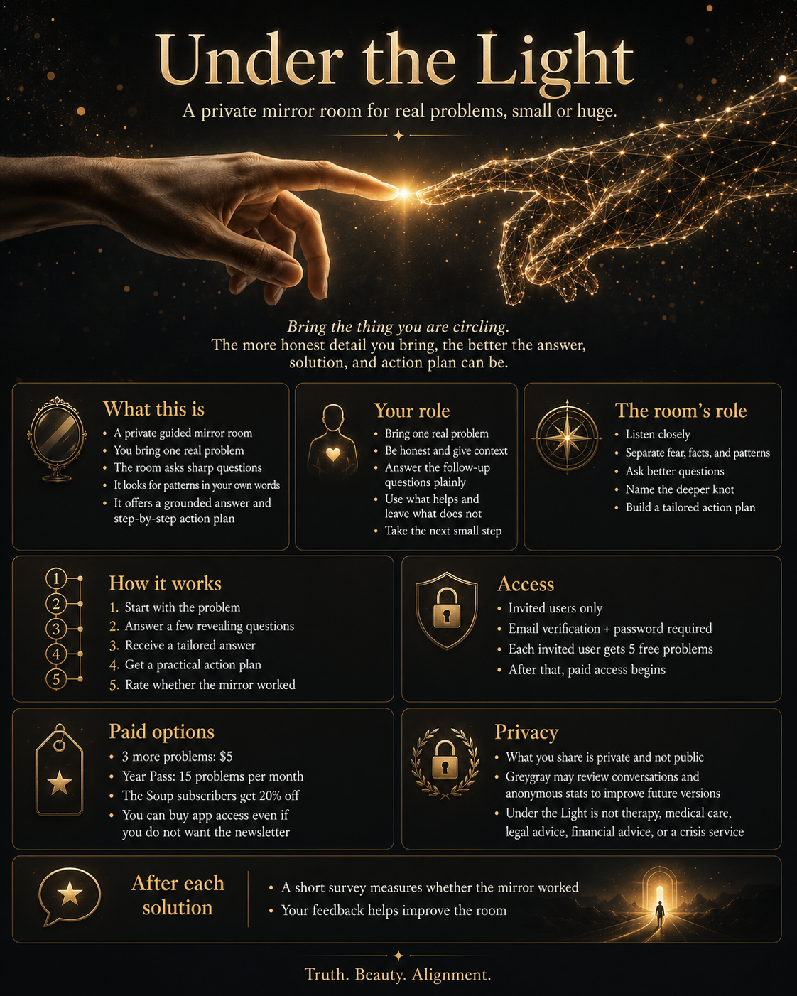 Under the Light explainer poster showing a human hand and a digital hand touching, with the role of the user, the role of the room, access, privacy, paid options, and feedback.